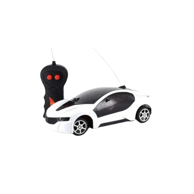 White toy car with black roof and a remote control on a white background