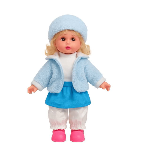 Doll wearing a blue winter outfit with a white background