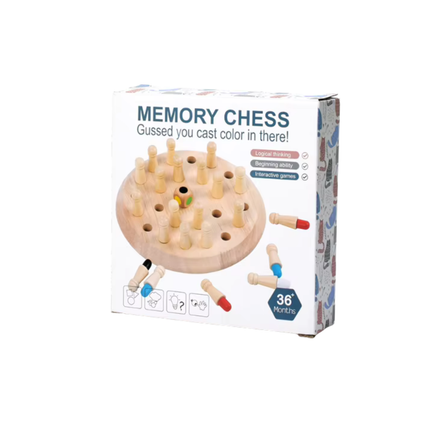 Memory Chess game packaging with wooden pieces on a white background