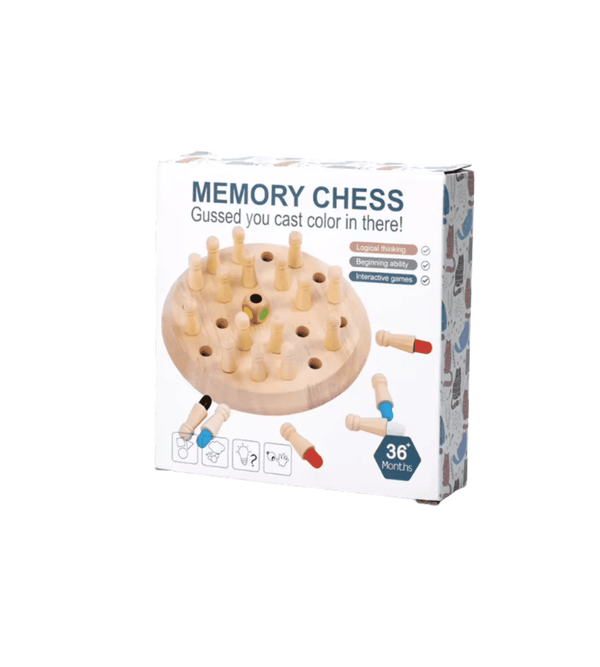 Memory Chess game packaging with wooden pieces on a white background