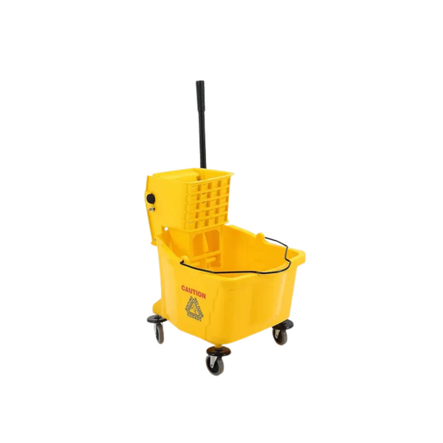 Yellow mop bucket with wheels on a white background