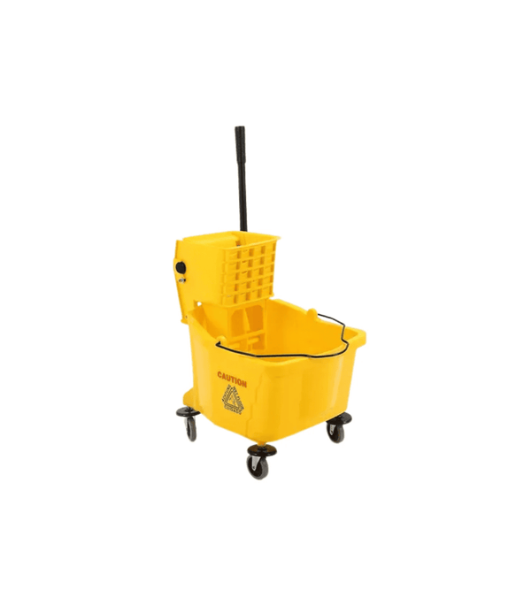Yellow mop bucket with wheels on a white background