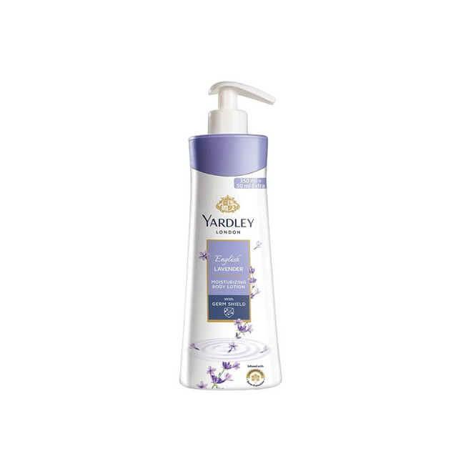 Yardley London body lotion bottle with pump on a white background