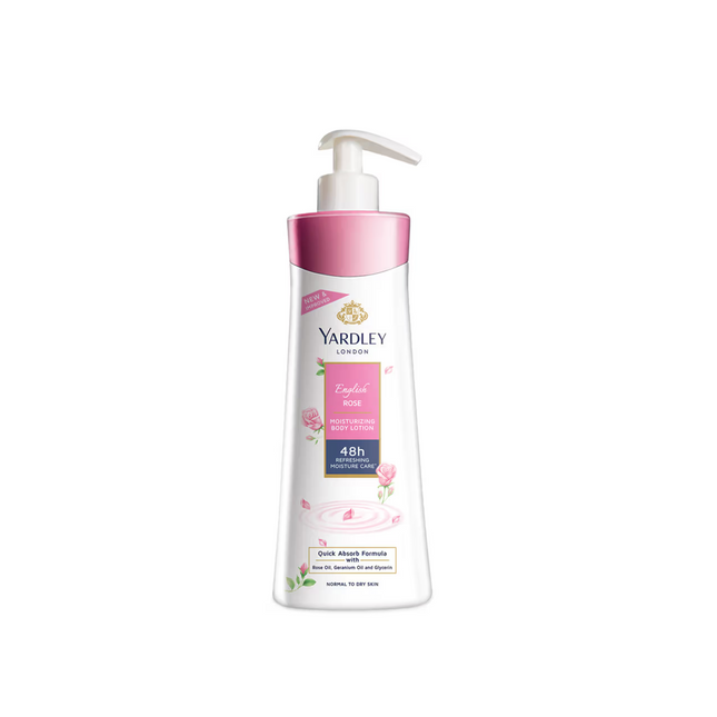 Yardley London body lotion with pump on a white background