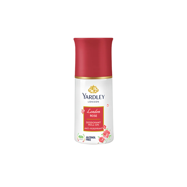Yardley London deodorant roll-on with red cap on a white background