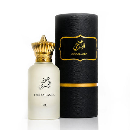 Oud Al Asra perfume bottle with a gold crown cap next to its black cylindrical box with gold lettering, on a white background.