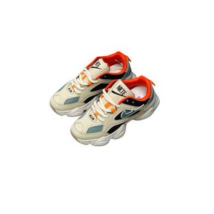 Pair of beige sneakers with orange and black accents on a white background