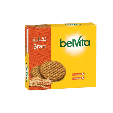Box of belVita Bran cookies with branding and product details on a white background