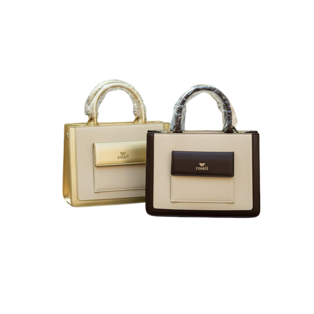 Two handbags, one gold and one black and beige, on a white background.