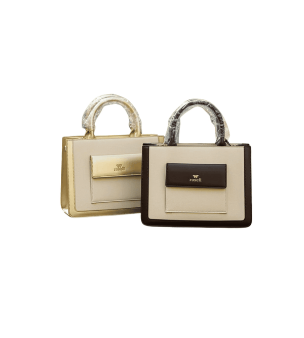 Two handbags, one gold and one black and beige, on a white background.