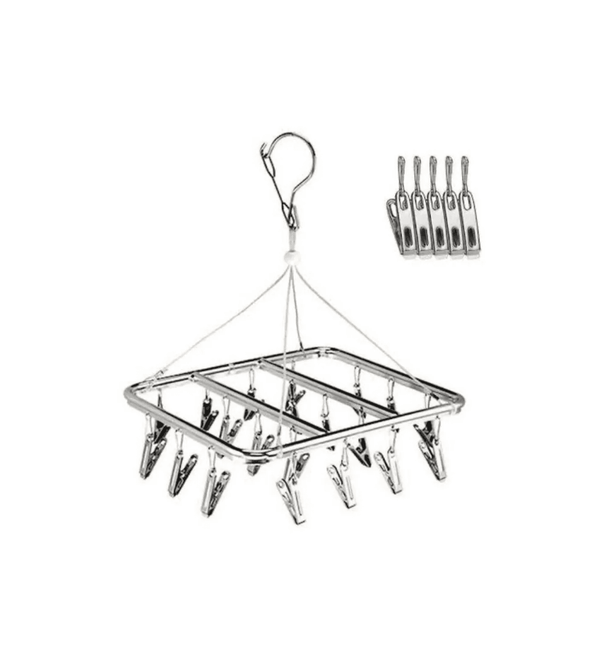 Clothespin holder with multiple clips on a white background