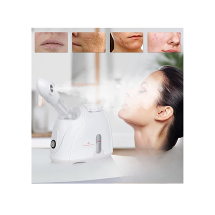 Facial steamer with a woman using it, showing before and after effects on skin.