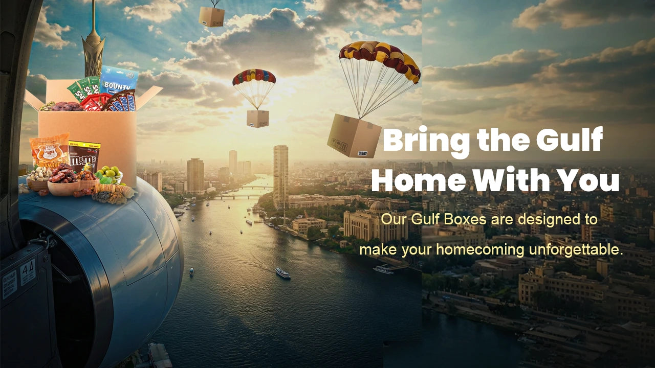 Advertisement for Gulf Boxes with a cityscape and airplane carrying boxes.
