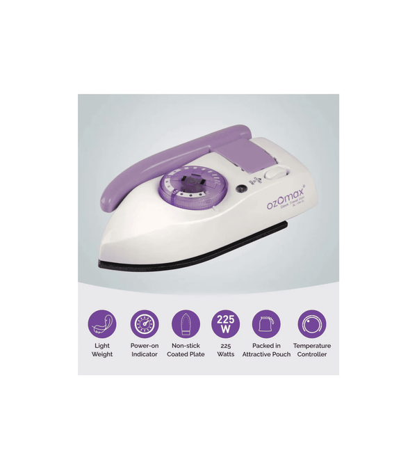 White and purple iron with Oromax branding on a light gray background