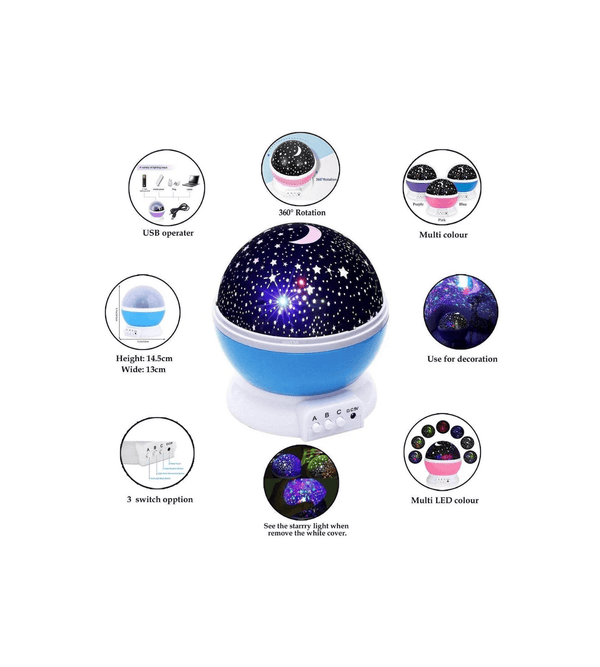 Starry night light with USB connection and multiple color options on a white background