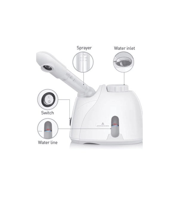 White handheld steamer with labeled parts on a white background