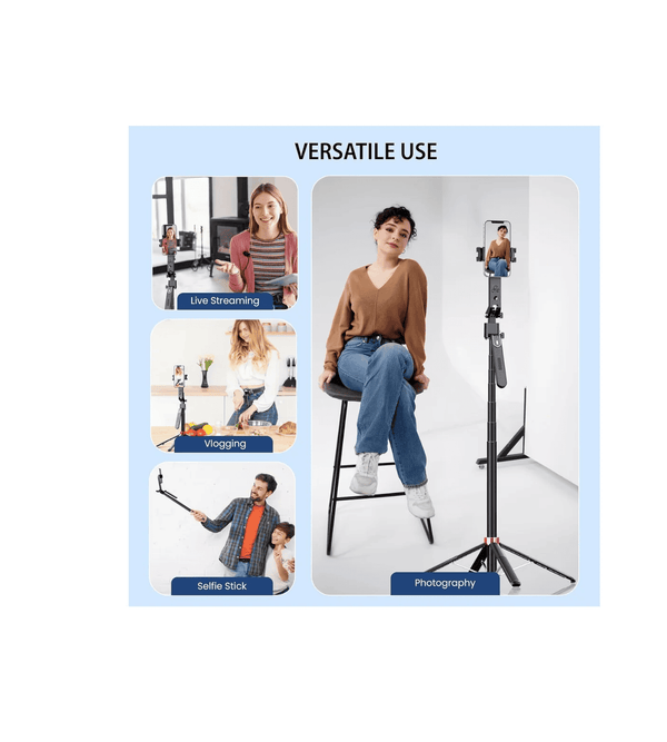 Person using a stand with various applications including live streaming, vlogging, and photography.