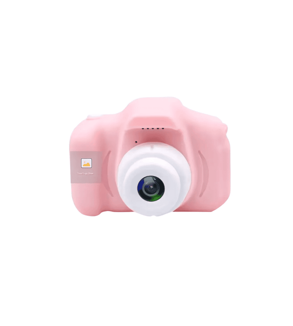 Pink toy camera on a white background
