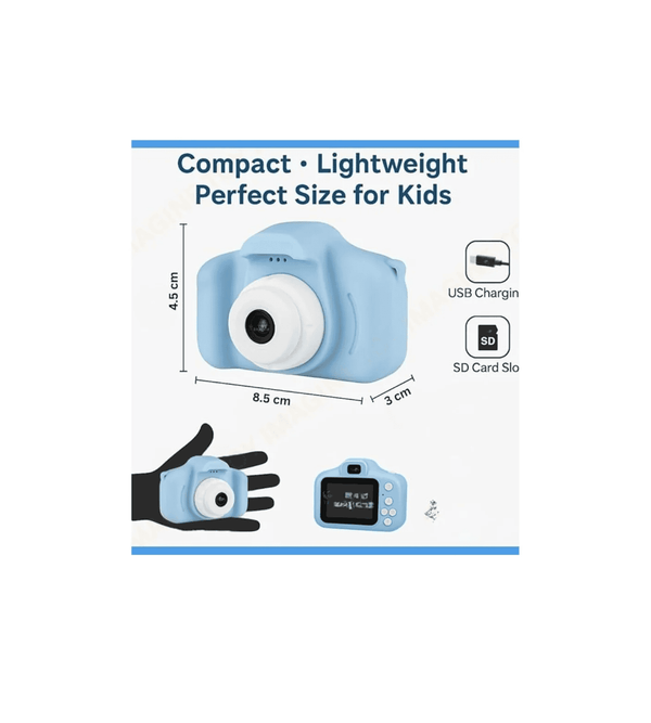 Blue toy camera with dimensions and features on a white background