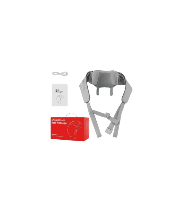 Gray shoulder and neck massager with packaging on a white background