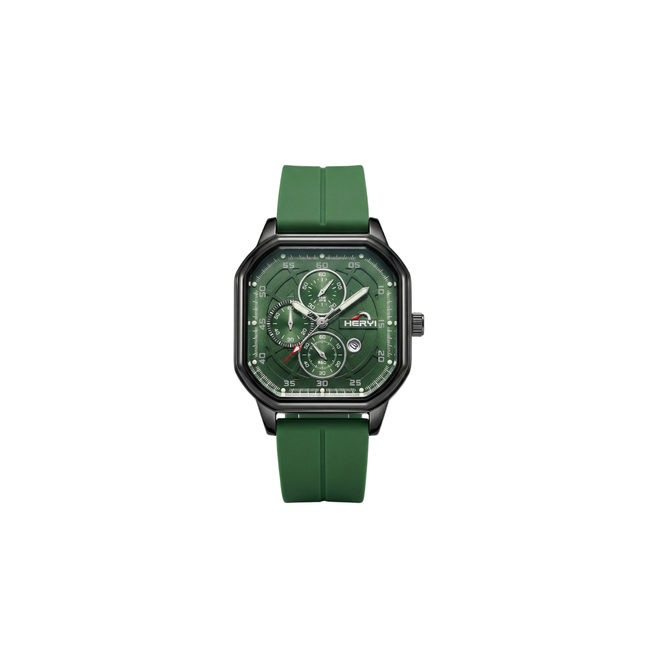 HERYI Men’s Square Dial  Watch with Green Silicone Strap