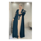 Teal and beige two piece embroidery abaya set with shawl