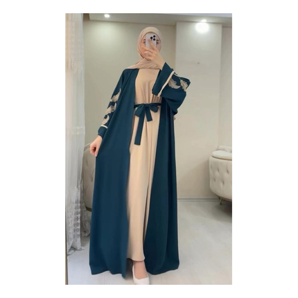 Teal and beige two piece embroidery abaya set with shawl
