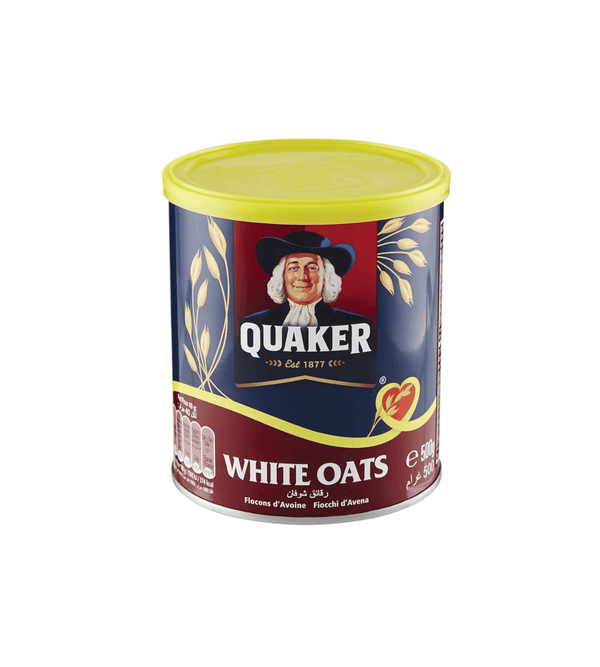 Quaker white oats canister with a yellow lid on a white background