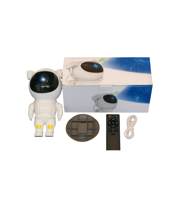 Toy robot in astronaut suit with packaging, remote control, and power plug on a white background