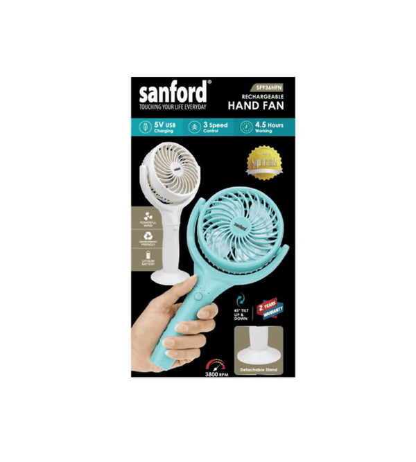 Sanford rechargeable hand fan packaging with a hand holding the fan.