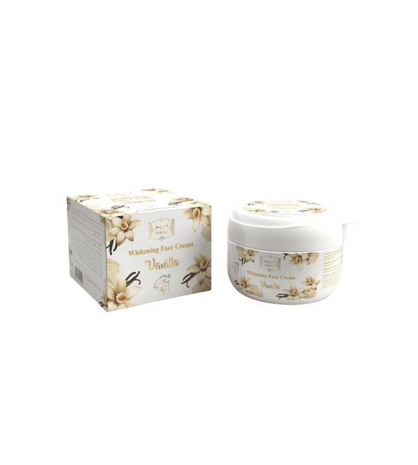 Vanilla-flavored whitening face cream with packaging on a white background