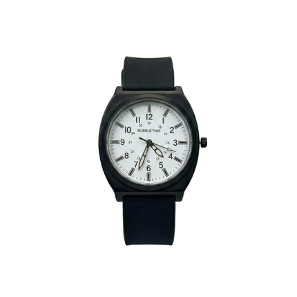 Bubble Time Classic Field Series – Stealth Black Military-Style Watch with White Dial and Silicone Strap