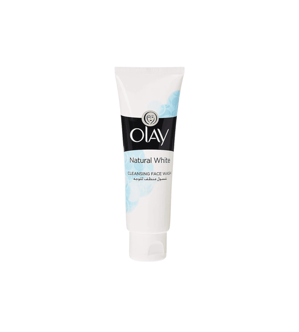 Olay Natural White cleansing face wash tube on a white background