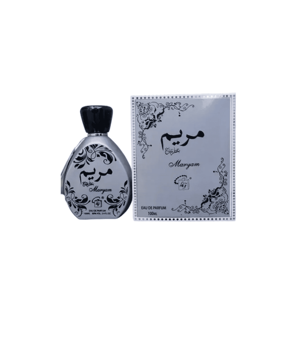 Perfume bottle and packaging with 'Maryam' branding on a white background