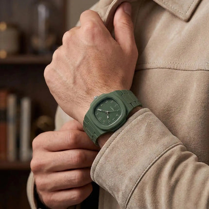 Men’s Dark Green Square Dial Quartz Watch with Metal Strap