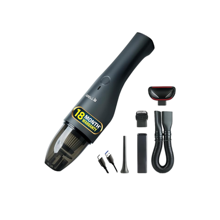 Black handheld vacuum cleaner with attachments on a white background