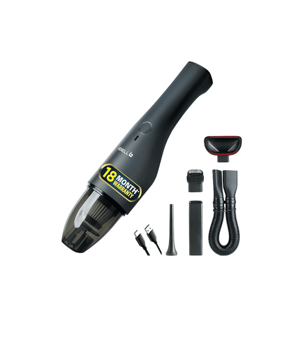 Black handheld vacuum cleaner with attachments on a white background