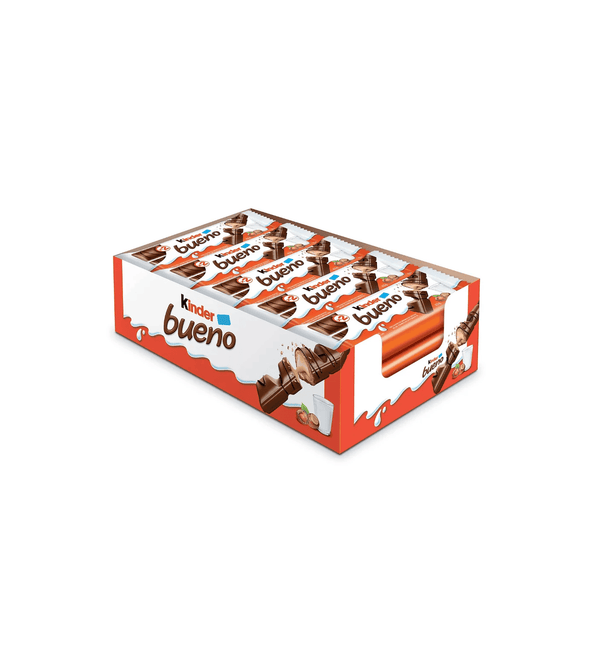 Box of Kinder Bueno chocolate bars on a white background