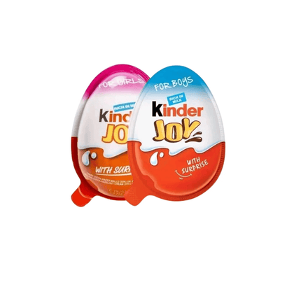 Two Kinder Joy chocolate eggs, one for girls and one for boys, on a white background.