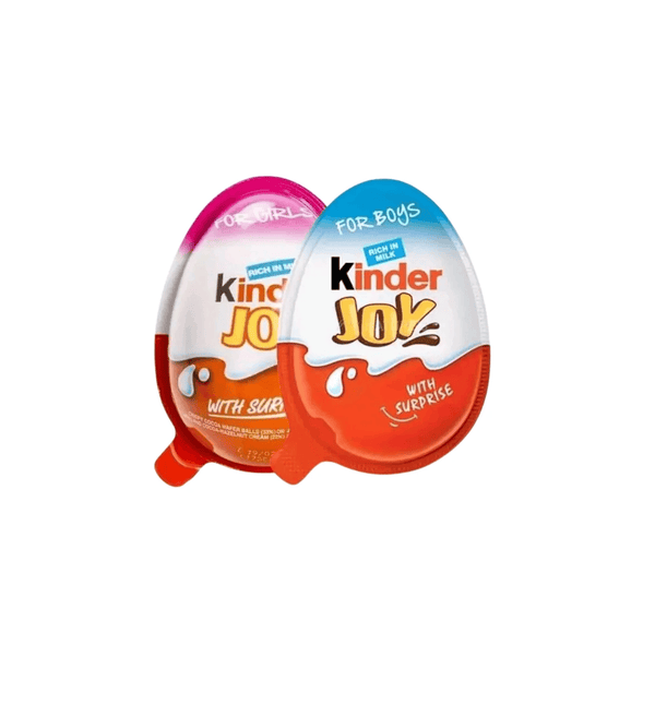 Two Kinder Joy chocolate eggs, one for girls and one for boys, on a white background.