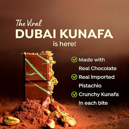 Promotional image of Dubai Kunafa with chocolate and pistachio, featuring text about ingredients and特点.