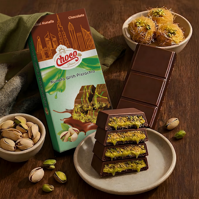 Chocolate bars with pistachio toppings on a plate next to a box of Cheek Kunafa chocolate, with pistachios and a bowl of Kunafa in the background.