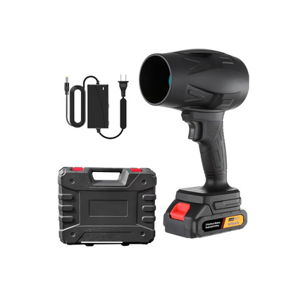 Black handheld tool with battery pack, charger, and carrying case on a white background