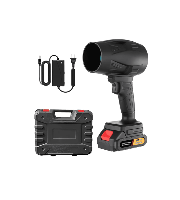 Black handheld tool with battery pack, charger, and carrying case on a white background