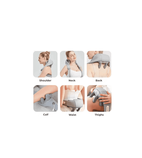 Massage device being used on various parts of the body including shoulder, neck, back, calf, waist, and thighs.