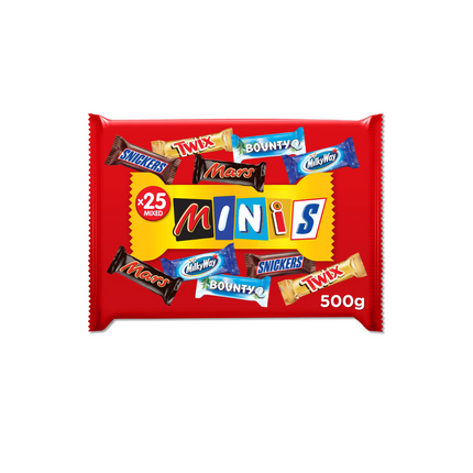 Pack of candy bars including Mars, Snickers, Bounty, and Twix on a red background