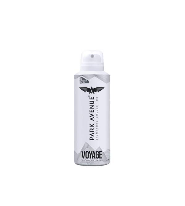 Park Avenue Voyage deodorant spray bottle on a white background