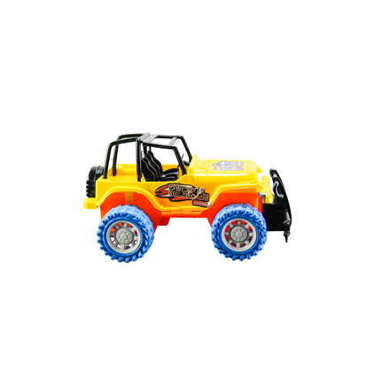 Toy off-road vehicle with a yellow body and blue wheels on a white background