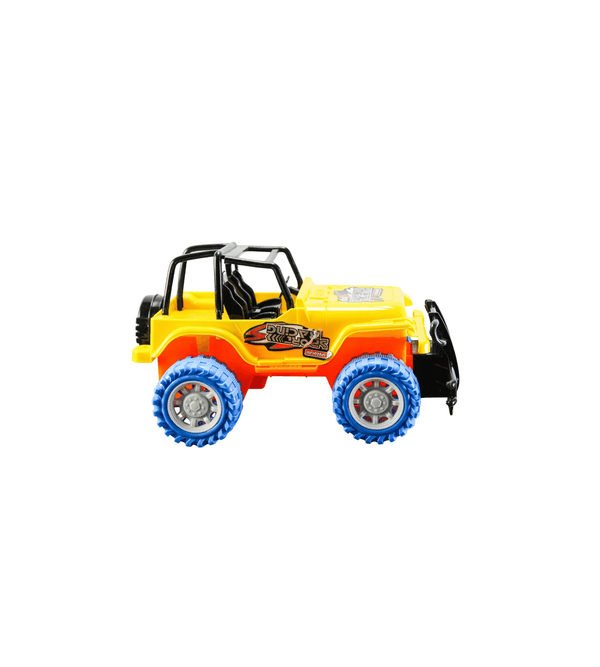 Toy off-road vehicle with a yellow body and blue wheels on a white background