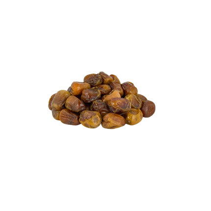 Pile of dried sukkari dates on a white background